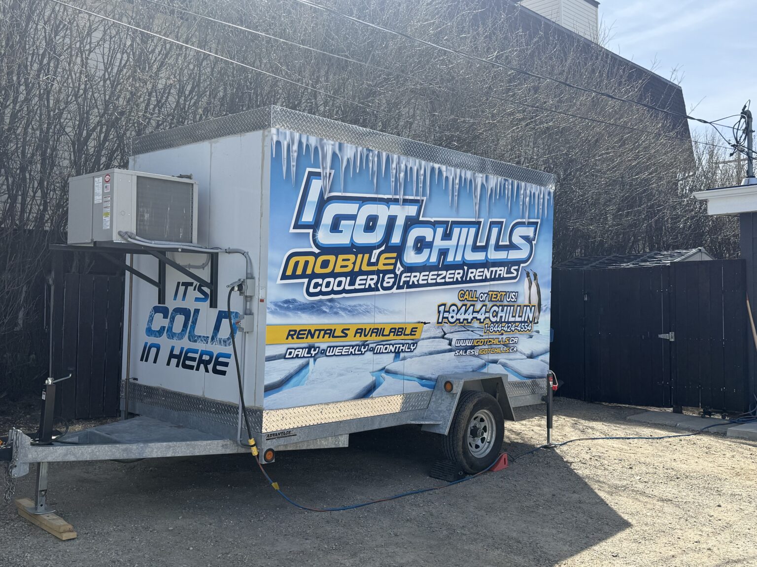 I Got Chills 7' × 12' dual cooler and freezer refrigerated trailer plugged in and running on a customer site
