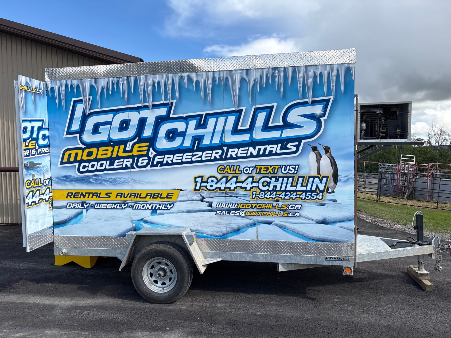 I Got Chills mobile cooler and freezer rental trailer with full graphics wrap