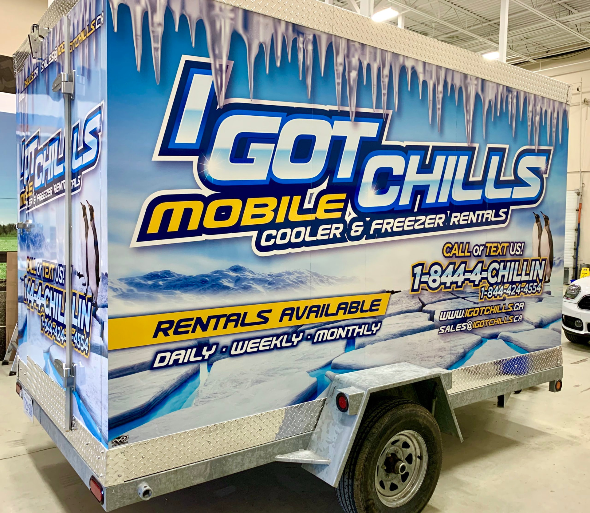 I Got Chills mobile cooler and freezer rental trailer with full graphic wrap